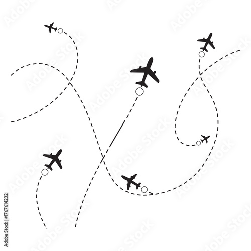 Line path vector icons of an airplane flight routes with start point and dash line trace vector
