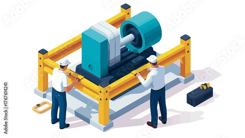 Two engineers in hard hats inspecting and working on a large industrial machine within a yellow safety enclosure