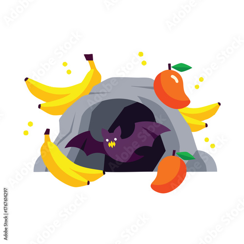 A cartoon bat emerges from a cave surrounded by bananas and mangoes.