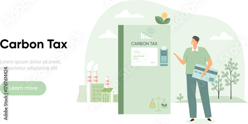Carbon tax and co2 reduction sustainability concept. Carbon fee payment, ESG, green and sustainable industry vector illustration