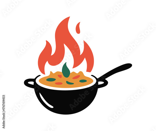 Wok Pan with Intense Flame Spicy Cooking Logo Vector