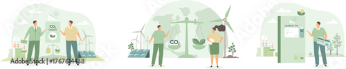 Carbon neutrality and co2 reduction sustainability concept. Green energy use, reduce co2 emission and climate change. ESG, green industry and low carbon vector illustration set