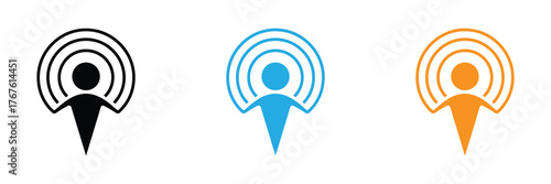 Versatile podcast icon set in black, blue and orange for modern broadcasting needs. Perfect for streaming platforms and online audio content creation and marketing projects.