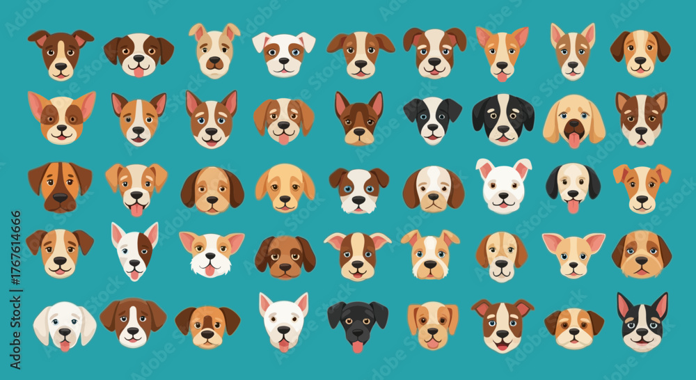 Fototapeta premium Collection of cartoon dog faces with various breeds and coat patterns on a blue background displayed in rows