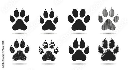 Collection of eight paw prints in various styles and textures on a white background, animal tracks