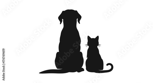 Silhouette of a dog and cat sitting together in black against a white background in a simple illustration