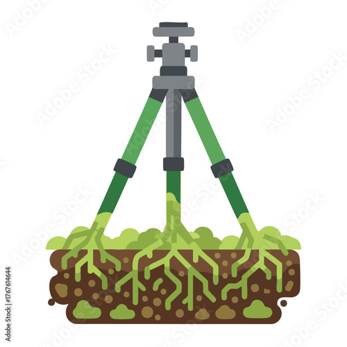 A stylized tripod with its legs extending into soil and roots.