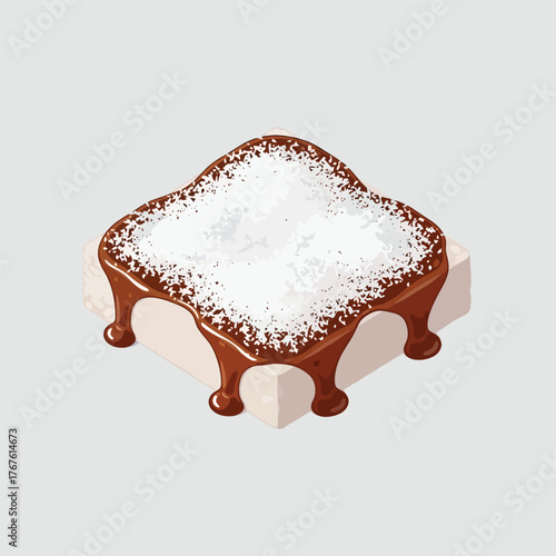 Chocolate dessert with white topping on a white surface.