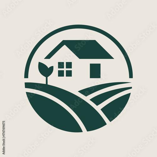 Farm House and Fields Circular Logo  Agriculture and Real Estate Vector