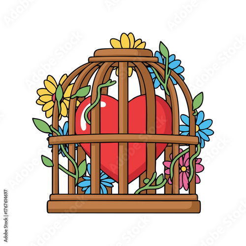A red heart trapped inside a wooden cage entwined with flowers.