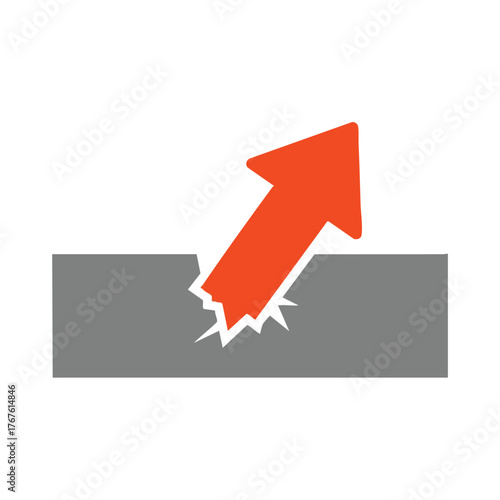 Orange arrow breaks through a grey barrier, symbolizing growth and success.