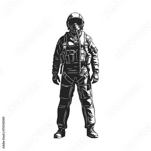 Black and White Line Art Illustration of Fighter Pilot