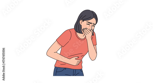 Woman feeling unwell and nauseous, holding her stomach and covering her mouth in discomfort