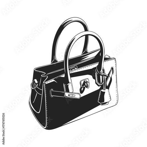 Black and White Line Art Illustration of Handbag