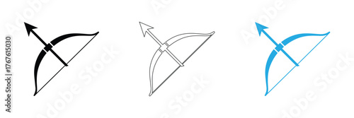 Archery bow and arrow icons in black, white, and blue, perfect for design projects, sports graphics, or historical themes. Clean lines and sharp focus.