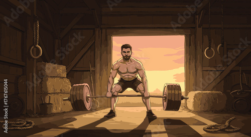 Determined athlete preparing for a heavy barbell deadlift in a barn