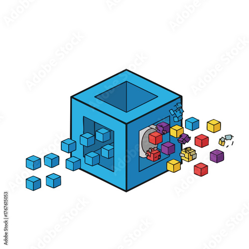 A blue cube with smaller cubes entering and exiting.