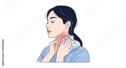 Illustration of a woman with a sore throat applying an ice pack for relief