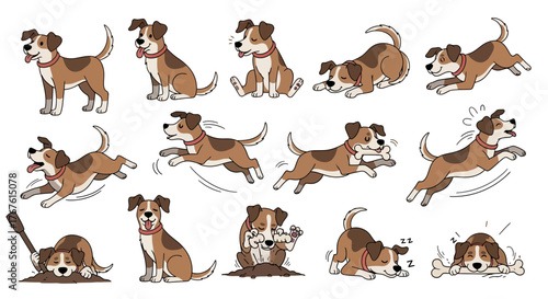 Collection of cartoon dog illustrations showing various actions and expressions on a white background