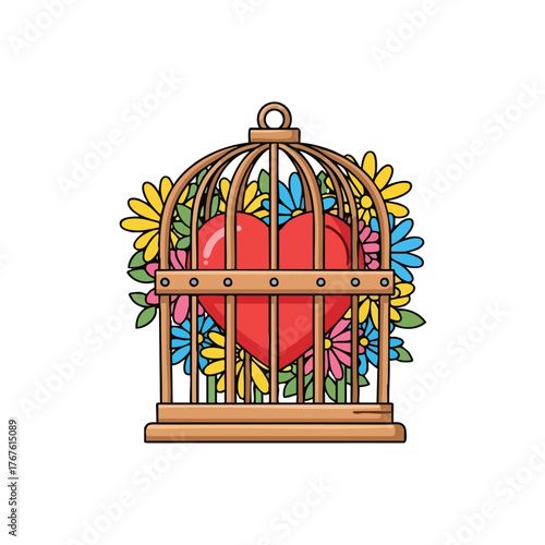 A red heart trapped in a birdcage surrounded by colorful flowers.