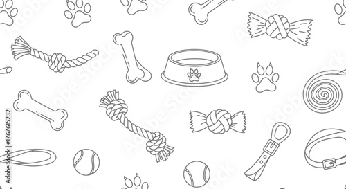 Seamless pattern with dog accessories including bones toys leash and paw prints on a white background