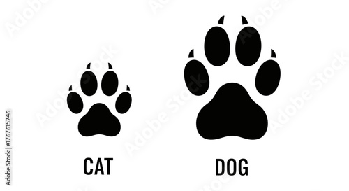 Illustration showing cat and dog paw prints side by side on a white background with text labels