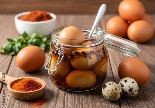 Delicious pickled eggs in a jar with spices, paprika and fresh herbs, gourmet food, culinary delight.