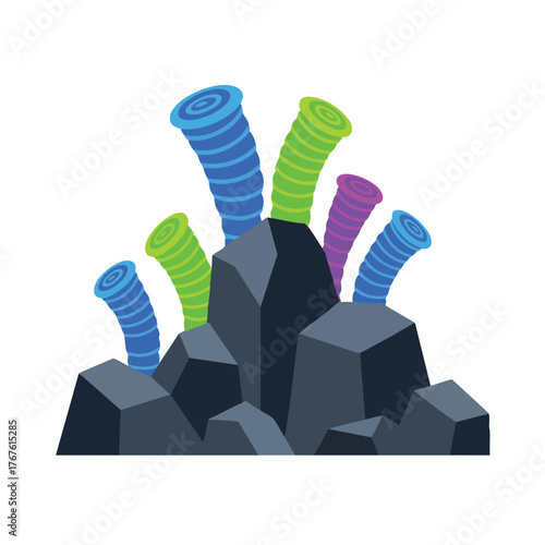 Abstract colorful coral shapes emerge from dark rocks.