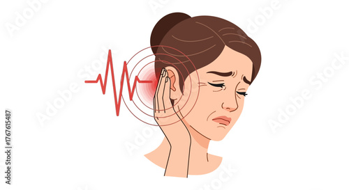 Woman Experiencing Ear Pain with Soundwave Illustration Concept of Hearing Problems