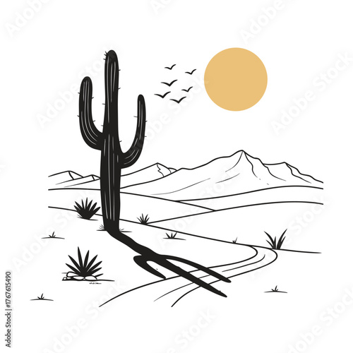 Minimalist Cactus and Sun Desert Scene Illustration