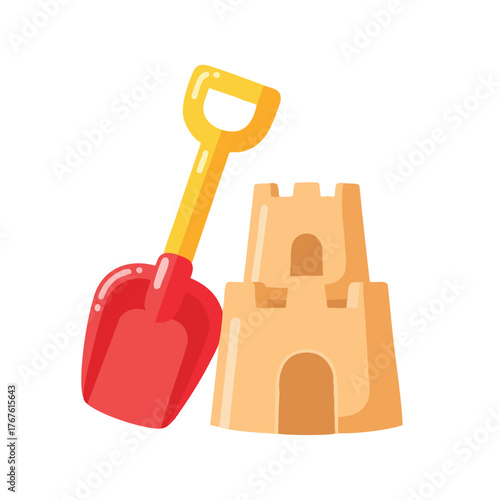 A red shovel and a sand castle on a white background.