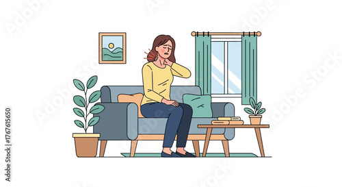 Illustrated scene of a young woman suffering from a sore neck, stress, or muscle strain while resting on her living room sofa
