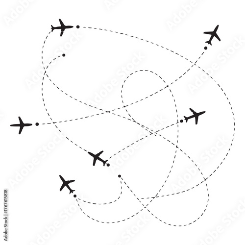 Line path vector icons of an airplane flight routes with start point and dash line trace vector
