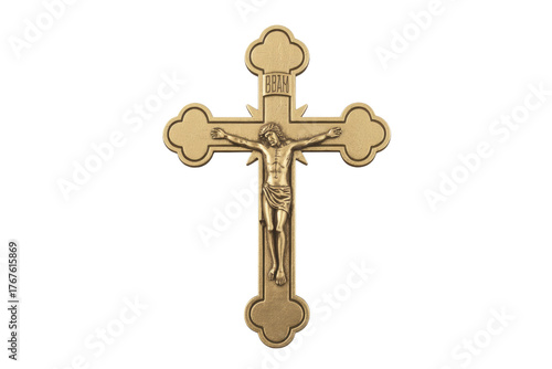 Wallpaper Mural A golden Orthodox crucifix featuring Jesus Christ, intricately detailed against a transparent background. The cross has decorative clover-like ends and Cyrillic inscription 'BBAM'. background removed Torontodigital.ca