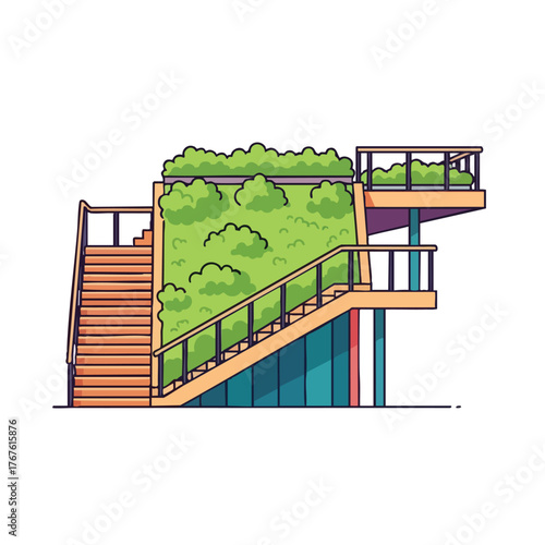 Modern outdoor stairs leading to lush green plant terraces.