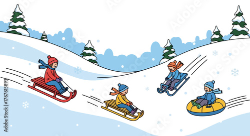 Dynamic Winter Fun Happy Children Sledding and Tubing Down Snow-Covered Slopes, Embracing Outdoor Recreation and Childhood Joy on a Snowy Day