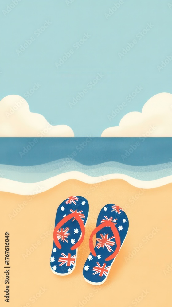 Naklejka premium Australia Day , 26 January,Australian Themed Flip-Flops on Sandy Beach with Ocean View