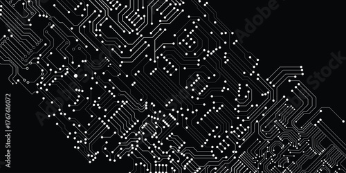 Circuit board and curve on black background.