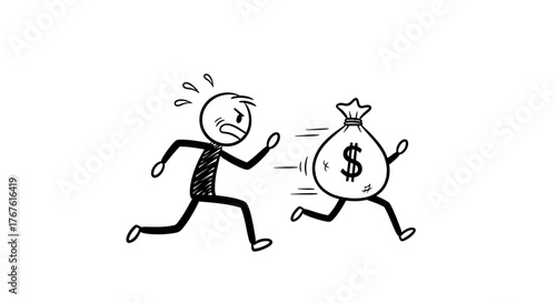 Stick Figure Chasing Money Bag: Pursuit of Wealth & Financial Goals