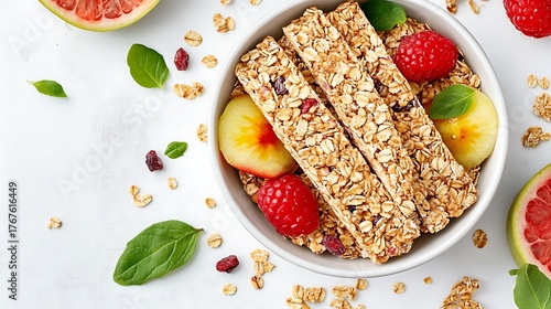 Granola bar with fruit isolated on white background, top view, flat lay
