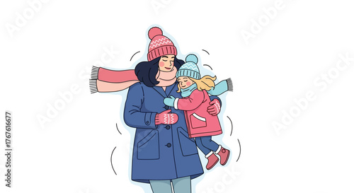 A loving mother warmly embraces her young child, both bundled in cozy winter clothes for the cold weather. Vector illustration