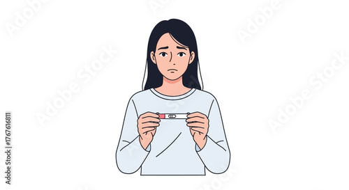 Woman holding pregnancy test stick with worried expression showing uncertain results