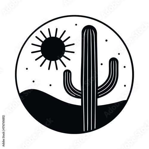 Minimalist Cactus and Sun Desert Scene Illustration