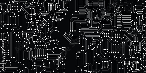 Printed circuit board black and white computer technology seamless pattern, vector