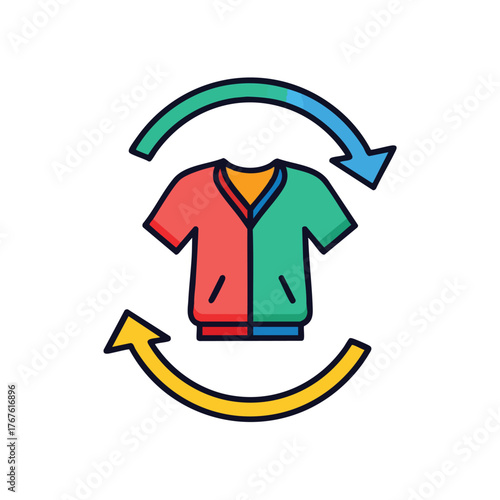 Stylized icon of a two-toned shirt with circular arrows.
