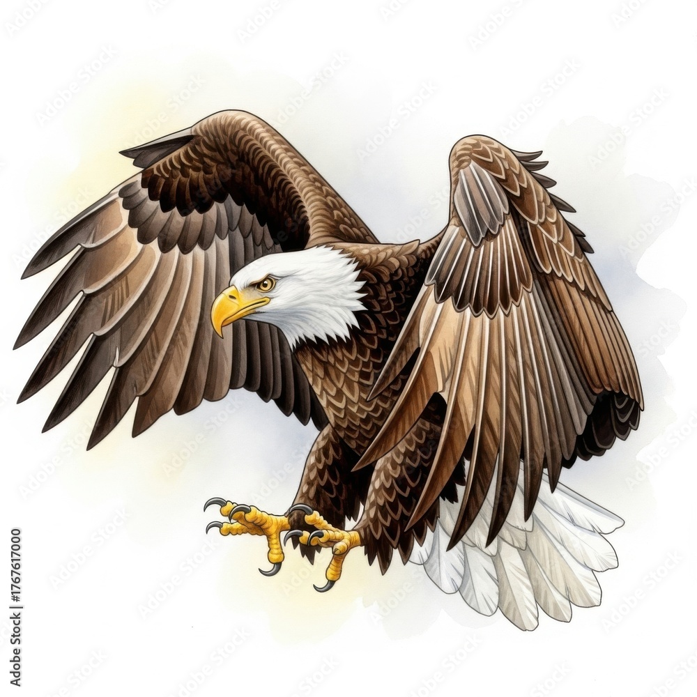 Fototapeta premium A majestic bald eagle in flight, wings spread wide, talons extended, captured in a detailed illustration