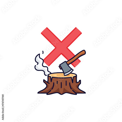 of a tree stump with an axe and a red 'X' symbol.