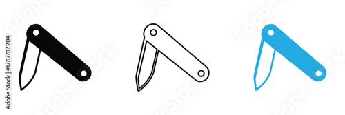 Discover essential utility with this versatile pocket knife icon set, offering clean designs in black, outline, and striking blue for all your project needs.