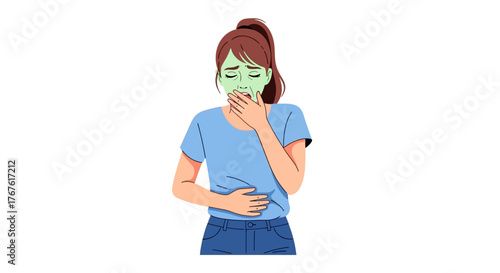 Woman feeling sick, nauseous, and unwell, holding her stomach and covering her mouth