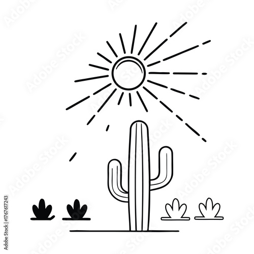 Minimalist Cactus and Sun Desert Scene Illustration